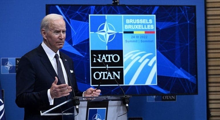 Presidente dos Estados Unidos, Joe Biden, durante entrevista coletiva na Bélgica BRENDAN SMIALOWSKI/AFP - 24.03.2022